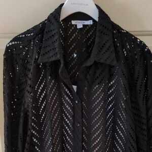 Chico's Black Cut Out Button Up Blouse With Collar And Puffy Long Sleeve